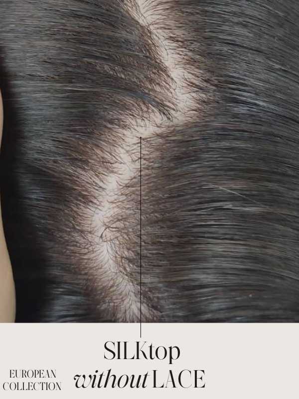 op view of a silk top wig, highlighting the realistic scalp appearance
