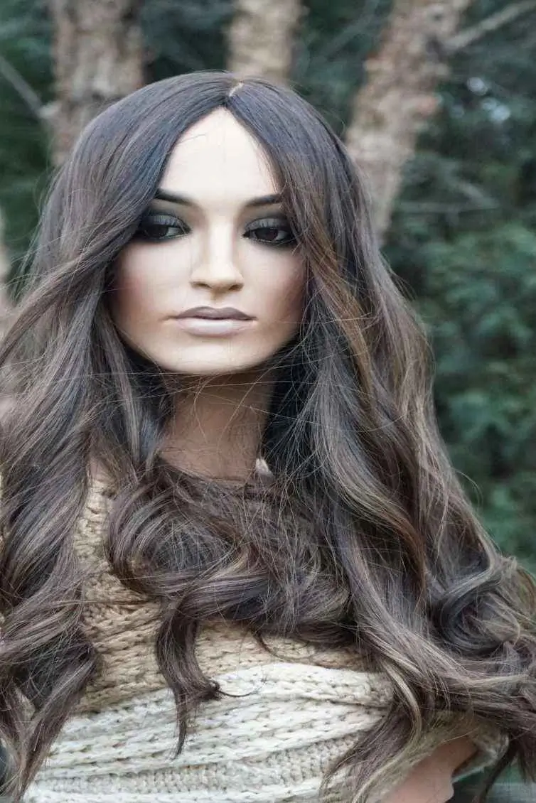 The model showcases a shoulder-length, high-end human Hair Wig with a balayage chocolate brown color